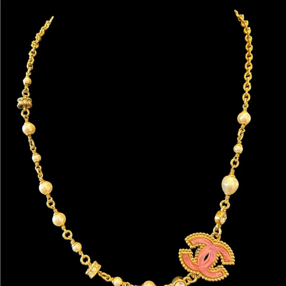 CHANEL Gold Chain Necklace with Pink Enamel CC Strass and Pearl Accents - Picture 9 of 9